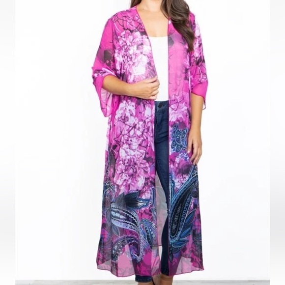 ODDY Boho Lightweight Duster Length Maxi Colorful Paisley Open Front Kimono - Picture 1 of 11